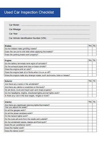 Sample Used Car Inspection Checklists In Pdf Ms Word