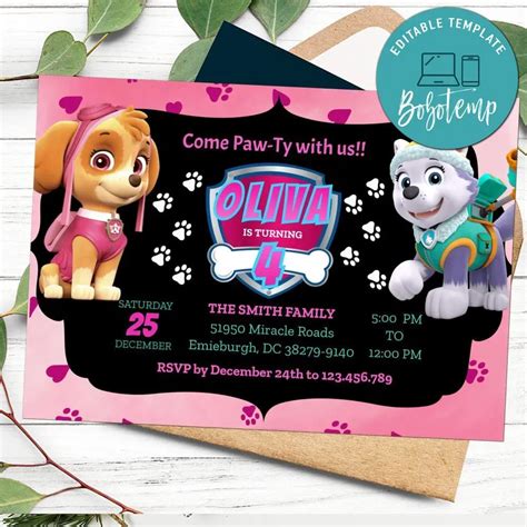 Editable Paw Patrol Girl Birthday Invitations Digital File Bobotemp