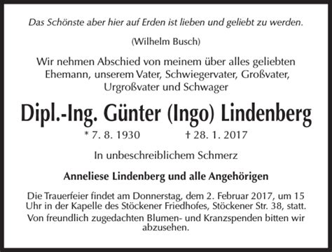 Traueranzeigen von Dipl Ing Günter Ingo Linde trauer anzeigen de