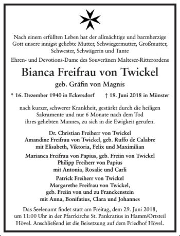 Traueranzeigen Von Bianca Freifrau Von Twickel Frankfurter Allgemeine