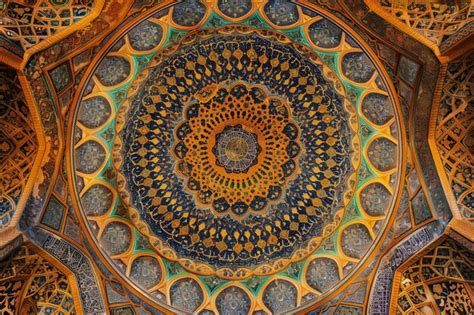 Close Up Shot Of Dome Ceiling In Islamic Mosque Premium Ai Generated