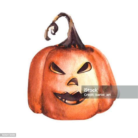 Halloween Funny Scary Jack Pumpkin Head Hand Drawn Watercolor Illustration Isolated White