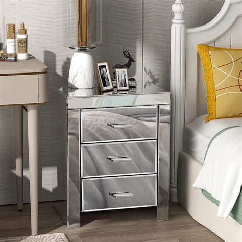 IKIFLY Mirrored Nightstand w/3 Drawers Mirror Accent Side Table ...