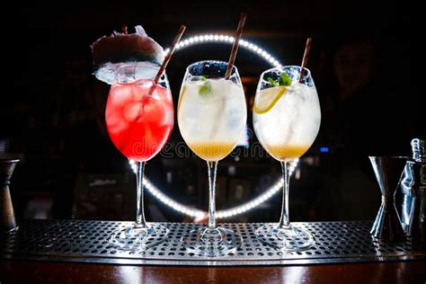 Bright Alcoholic Cocktails Yellow And Red Smoothies Varieties Of Alcohol Bar Stock Image