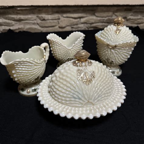 Signed Antique Northwood Custard Glass Table Set ~ Nautilus Argonaut Shell Ebay