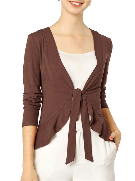 Women Allegra K Womens Tie Front Ruffled Hem Crop Knit Cardigan Sweaters Br