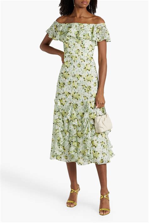 Mikael Aghal Off The Shoulder Ruffled Printed Fil Coup Jacquard Midi