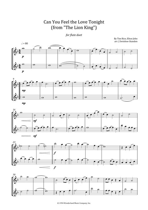 Can You Feel The Love Tonight Arr J Swinhoe Standen By Elton John Sheet Music For Flute Duet