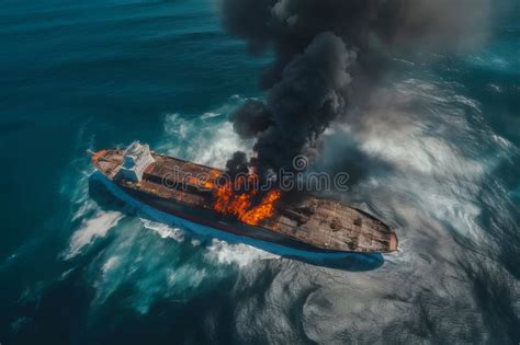 Aerial View of Cargo Tanker Ship Explosion with Fire and Smoke ...