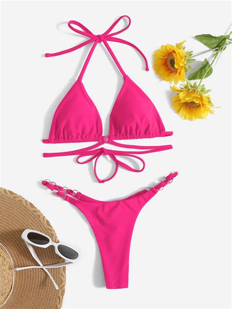 SHEIN Swim Basics Bañador bikini triángulo halter unicolor Moda de