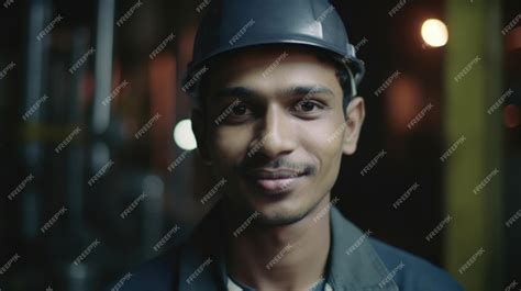 Premium Photo A Smiling Indian Male Factory Worker Standing In Oil