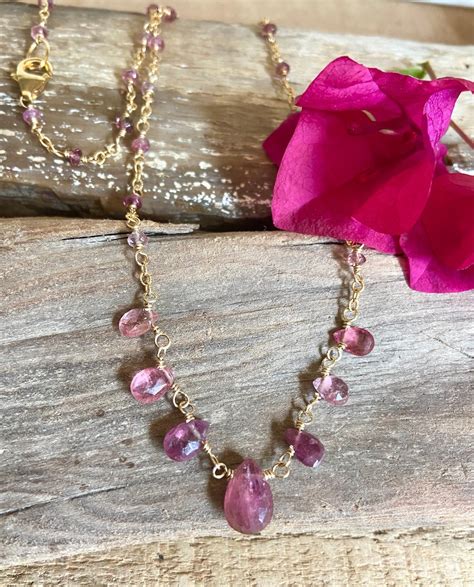 Pink Tourmaline Gemstone Gold Handmade Necklace Etsy