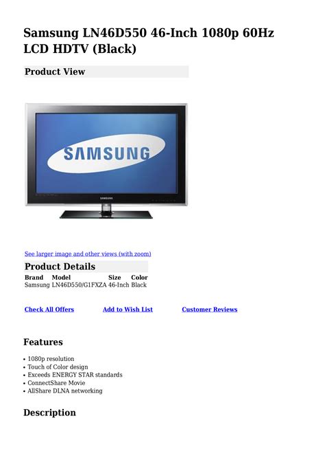 Download free pdf for Samsung LN46D550 LCD TV manual