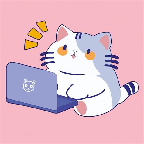 Lindo Gato Kawaii Sentado Trabajando En La Computadora Vector Premium