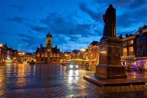 Delft Market Square Markt in the evening. Delfth, Netherlands | Stock ...