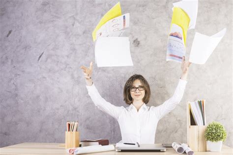 Businesswoman Throwing Papers In Office Stock Image Image Of