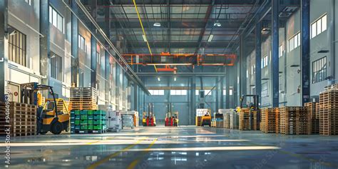 An Industrial Warehouse Filled With Stacked Pallets And Forklifts Its