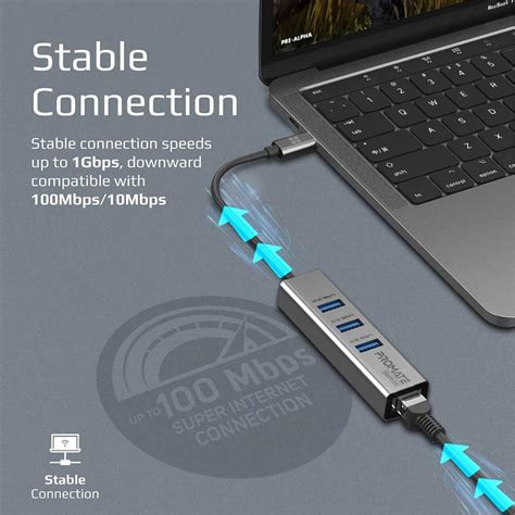 Promate Gigahub C Hub Adaptador USB C A Ethernet 3 Puertos USB 3 0