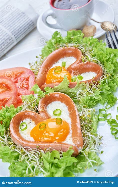 Heart Shaped Sausages With Fried Eggs Stock Image Image Of Juice