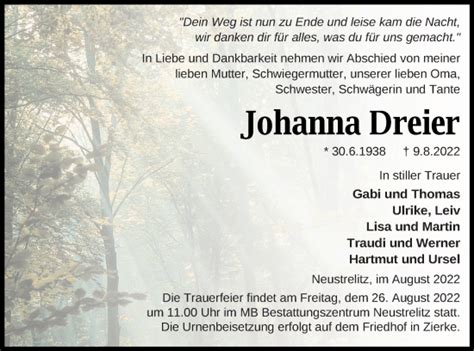 Traueranzeigen Von Johanna Dreier Trauer Nordkurier