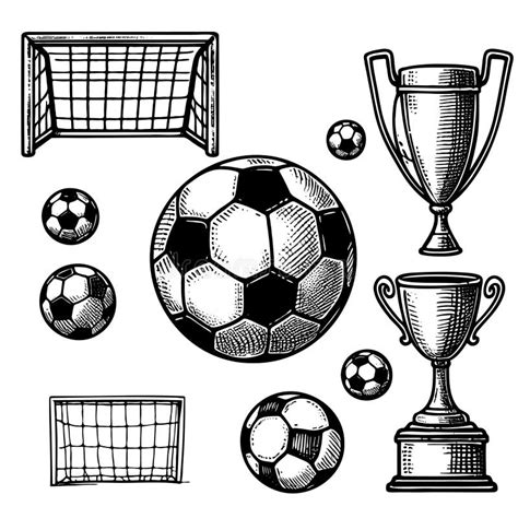 Sketch Football Elements Hand Drawn Soccer Ball Championship Cup And