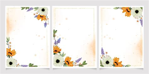 Watercolor Yellow Sunflower And White Anemone Flower Bouquet Frame 5x7 Invitation Card Wash