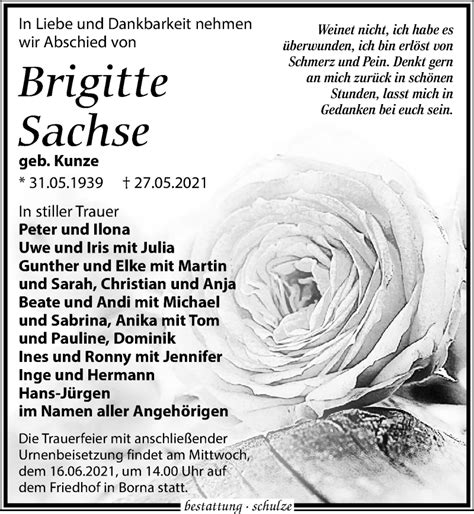 Traueranzeigen Von Brigitte Sachse Trauer Anzeigen De