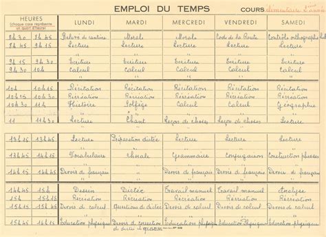 Emploi Du Temps De Classe Cours élémentaire 2ème Année 1967 1968