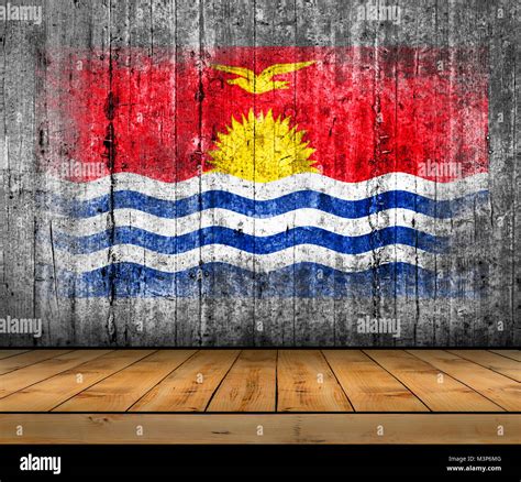 Kiribati Flag Painted On Background Texture Gray Concrete With Wooden