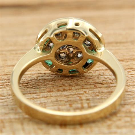 Anello In ORO Giallo 14 Kt Con SMERALDI E DIAMANTI Stile Antico Vintage