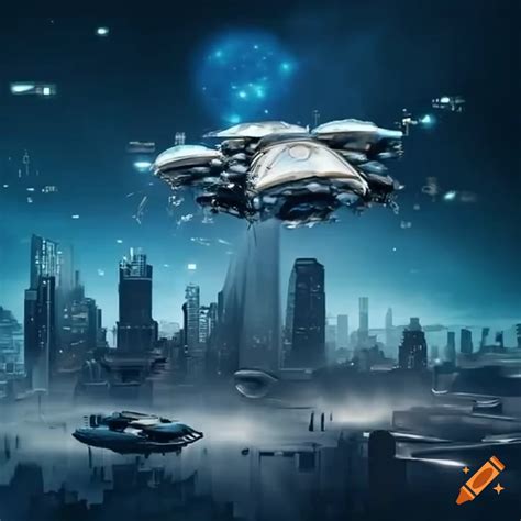 Futuristic Cityscape With Flying Robot Spacecraft And Extraterrestrial