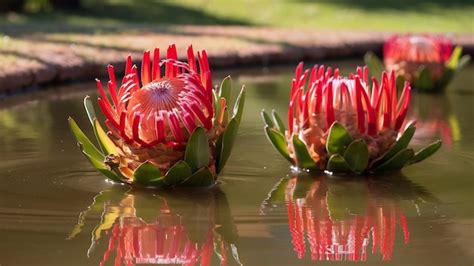 Premium Photo Closeup Of Beautiful King Protea Fynbos Flowers In A Pond