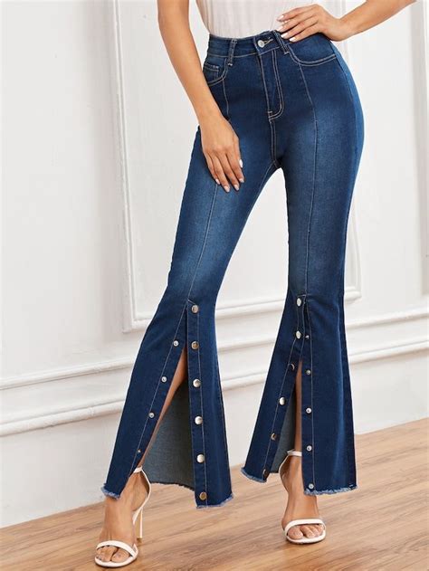 Shein Raw Hem Button Detail Flare Leg Jeans Summer Fashion Outfits Casual Fashion Pants