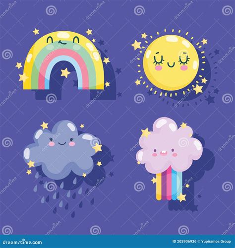 Weather Icons Set Cute Rainbow Sun Cloud Rain Rainbow Funny Decoration