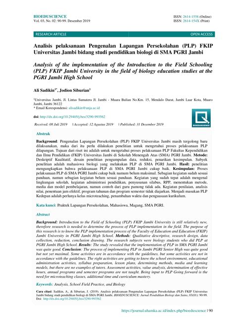 Pdf Analisis Pelaksanaan Pengenalan Lapangan Persekolahan Plp Fkip Universitas Jambi Bidang