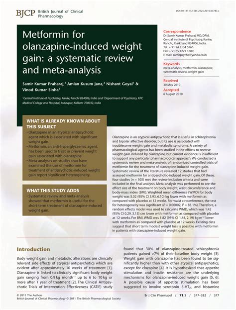 PDF Metformin For Olanzapine Induced Weight Gain A Systematic Review