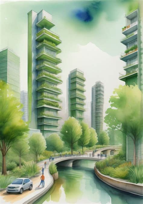 A Watercolor Painting of a City with Buildings and Trees. Generative AI ...