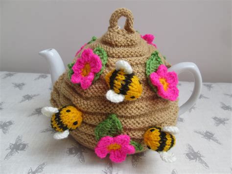 Hand Knitted Bee Hive Tea Cosy Cozy With Bumble Bees Flowers Etsy