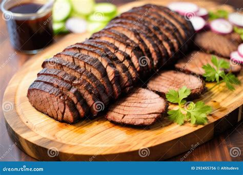 Bbq Brisket Slices Displayed In A Circular Pattern On Board Stock Photo