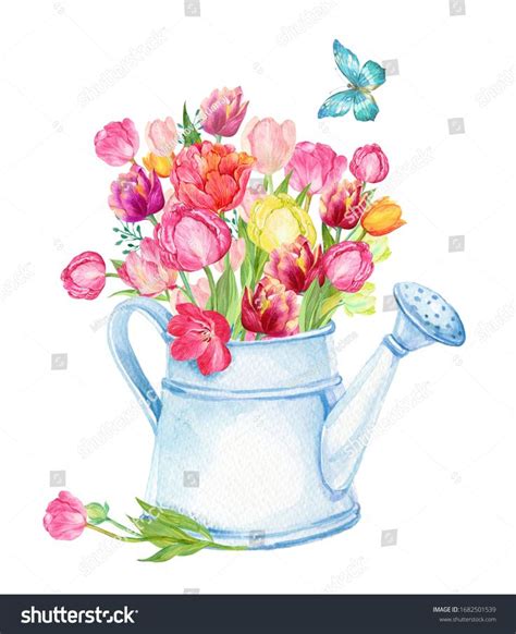 A Watercolor Painting Of Flowers In A Watering Can