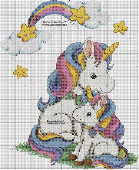 The Cross Stitch Pattern Shows Two Unicorns Hugging Each Other In Front