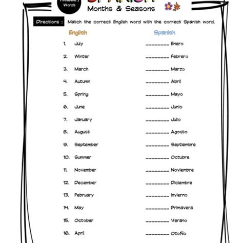 Spanish Months Seasons Vocabulary Matching Worksheet Answer Key