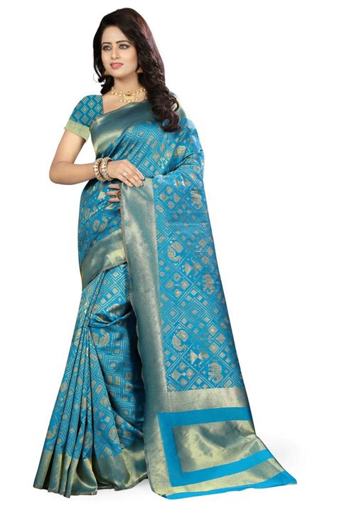 Sky Blue Printed Kanchipuram Silk Saree With Blouse Ankit Fashions 2445561