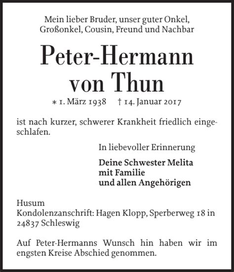 Traueranzeigen Von Peter Hermann Von Thun Sh Z Trauer