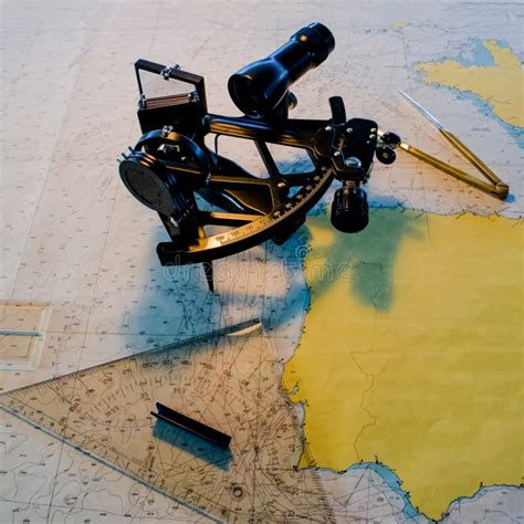 Sextant With A Nautical Chart In The Captain`s Cabin Stock Image