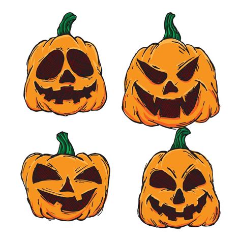 Halloween pumpkins in vector with different face icon set. colored Hand drawn illustration ...