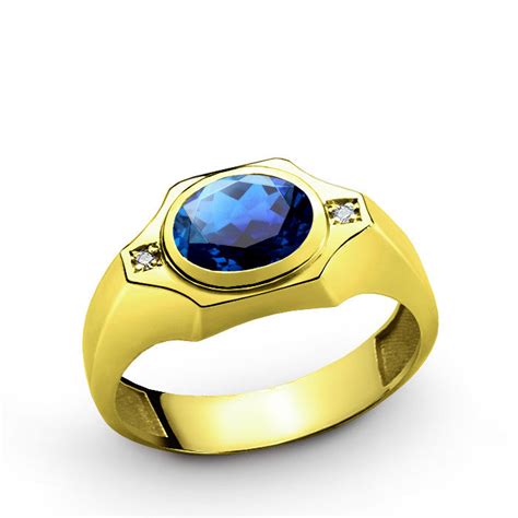 Mens Ring 10k Gold With Blue Sapphire Gemstone And Genuine Diamonds