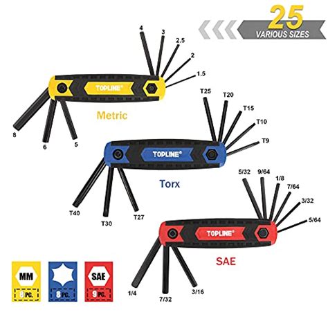 Topline 3 Pack Folding Allen Wrench Set Sae Metric Torx Hex Key Set