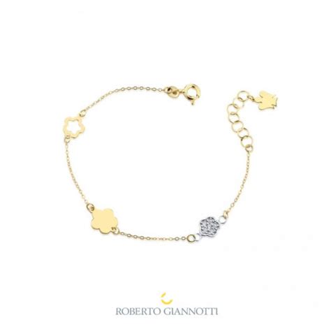 Bracciale Con Angelo Charm In Oro Giallo E Fiori In Oro Giallo E Bianco