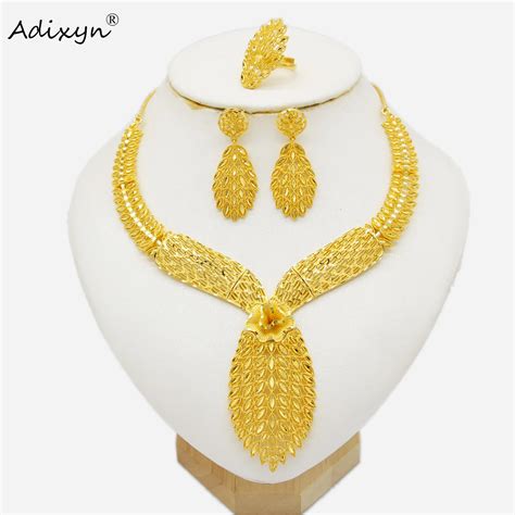 Adixyn Dubai 24K Gold Color Jewelry Sets For Women Indian Earring Ring